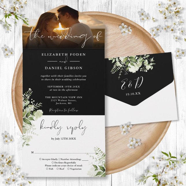Invitation Tout En Un Photo Mariage Floral Noir Et Blanc (Black And White Floral Greenery Wedding Photo All In One Invitation)