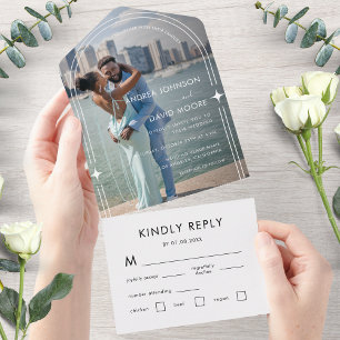 Invitation Tout En Un Photo minimaliste moderne Boho Arch Sparkle Mariag