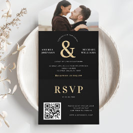 Invitation Tout En Un Photo moderne et or Ampersand Mariage QR Code