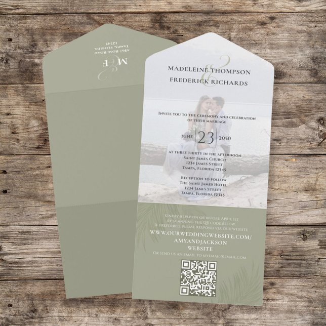 Invitation Tout En Un Photo moderne minimaliste Palm Feuilles QR Code RS (Wedding invitation all in one style with photo template. )