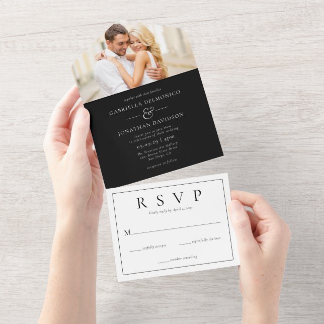 Invitation Tout En Un Photo moderne Noir Blanc Mariage RSVP (Déchirure)