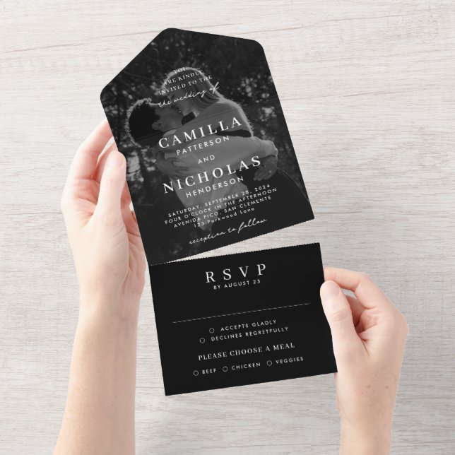 Invitation Tout En Un Photo moderne noir élégant Mariage RSVP (Déchirure)