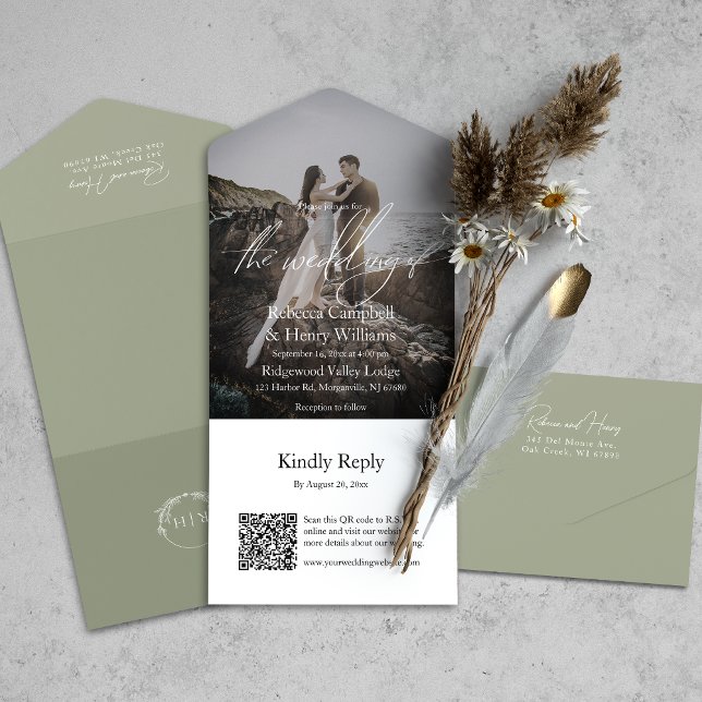 Invitation Tout En Un Photo moderne QR Code RSVP Sage Mariage vert (All-in-one wedding invitation with QR code to RSVP - Simplify and save time for you and your guests.)