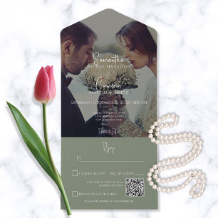 Invitation Tout En Un Photo moderne Sage Green Elegant Code QR