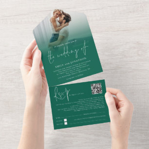 Invitation Tout En Un Photo Overlay QR Code Emerald Green Script Mariage