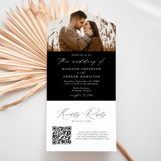 Invitation Tout En Un Photo Wedding moderne de l'Elegant Black and White (Créateur téléchargé)