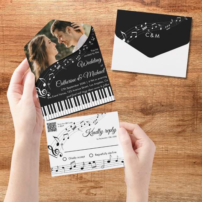 Invitation Tout En Un Piano Music Black & White Photo QR Code Mariage (Créateur téléchargé)