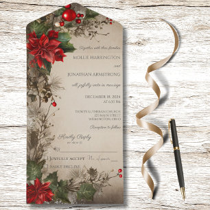 Invitation Tout En Un Pin de Noël Vintage & Poinsettia