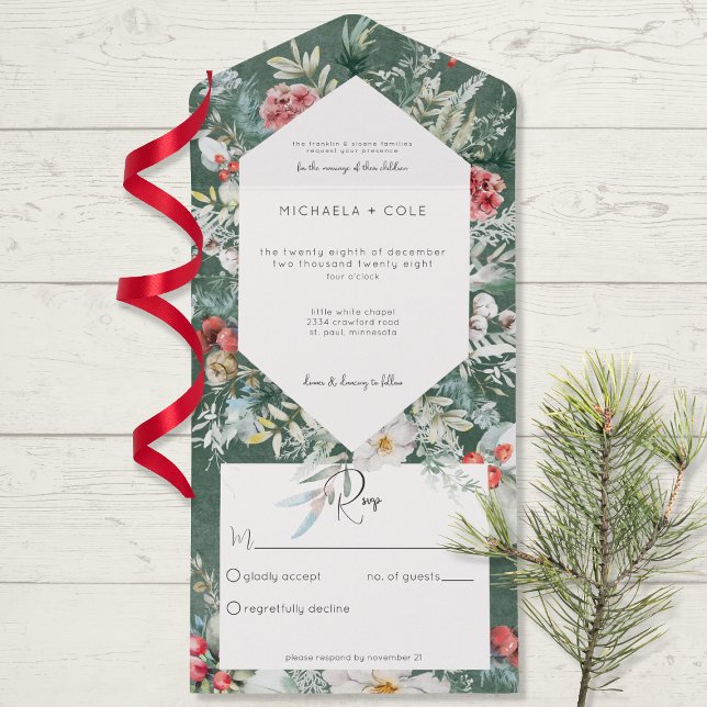Invitation Tout En Un Pin Floral Rustique D'Hiver Émeraude Non Dîner (Créateur téléchargé)