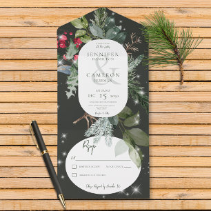 Invitation Tout En Un Pin Noir Rustique & Étincelle D'Hiver Holly Sans D
