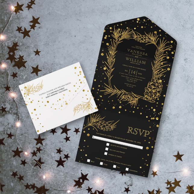 Invitation Tout En Un Pin parties scintillant or, confetti mariage noir (Créateur téléchargé)
