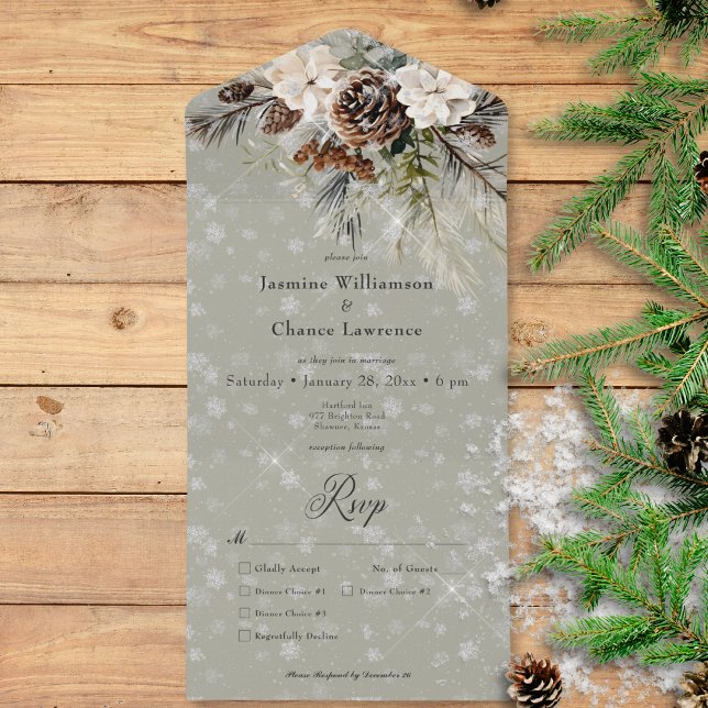 Invitation Tout En Un Pin Russe Snowfall & Dîner Floral Blanc Sage (Rustic Snowfall Pine & White Floral Sage Dinner All In One Invitation)