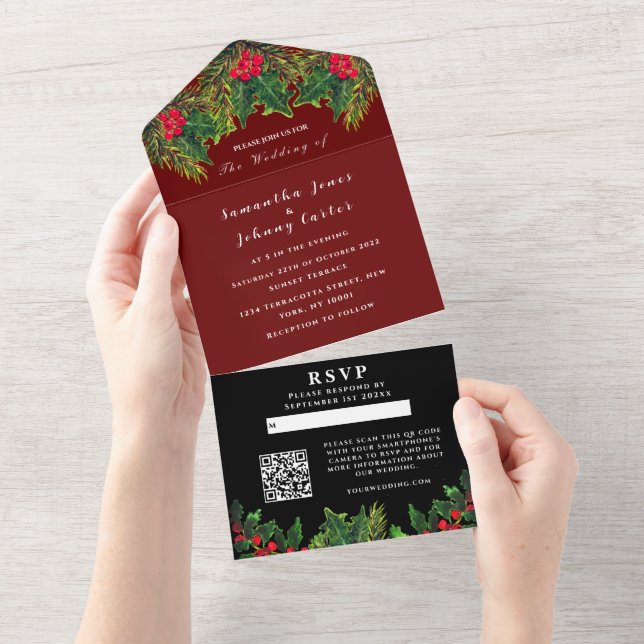 Invitation Tout En Un Pin vert hiver rouge Aquarelle noire Mariage (Déchirure)