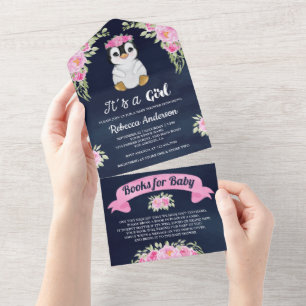 Invitation Tout En Un Pingouin à l'aquarelle fleurie rose Bain de bébé m