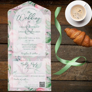 Invitation Tout En Un Pink and Green Country Floral QR Code