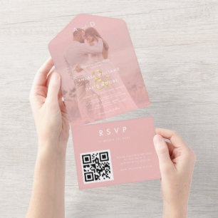 Invitation Tout En Un Pink Faded Photo Gold Ampersand & QR Code Mariage