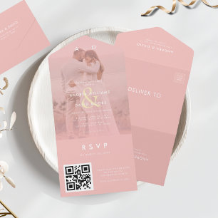 Invitation Tout En Un Pink Faded Photo Gold Ampersand & QR Code Mariage