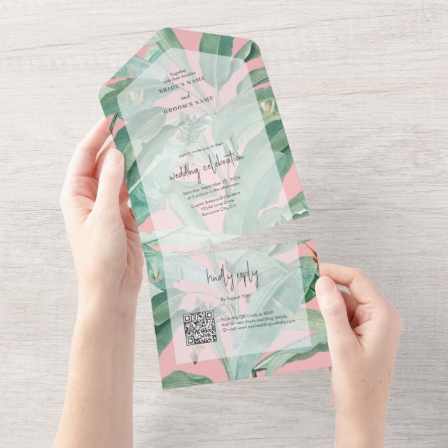 Invitation Tout En Un Pink Tropical Banana Palm Feuille Mariage (Déchirure)