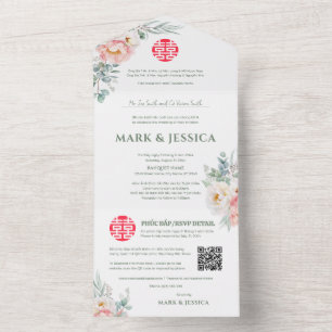 Invitation Tout En Un Pivoines vietnamiennes bilingues Traditionnel