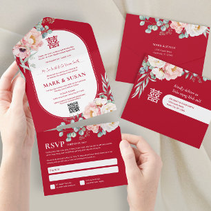 Invitation Tout En Un Pivoines vietnamiennes bilingues Traditionnel Tout