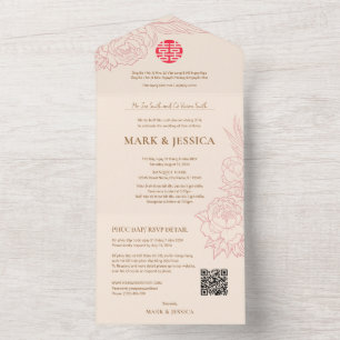 Invitation Tout En Un Pivoines vietnamiennes bilingues Traditionnelles