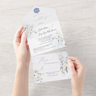 Invitation Tout En Un PixDezines Aquarelle Crème Roses Bleu Hyde