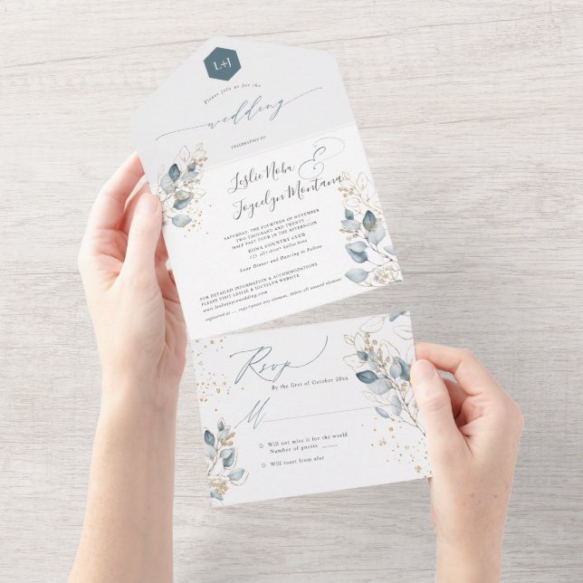 Invitation Tout En Un PixDezines Aquarelle Rustique Gomme Bleue Eucalypt (Déchirure)