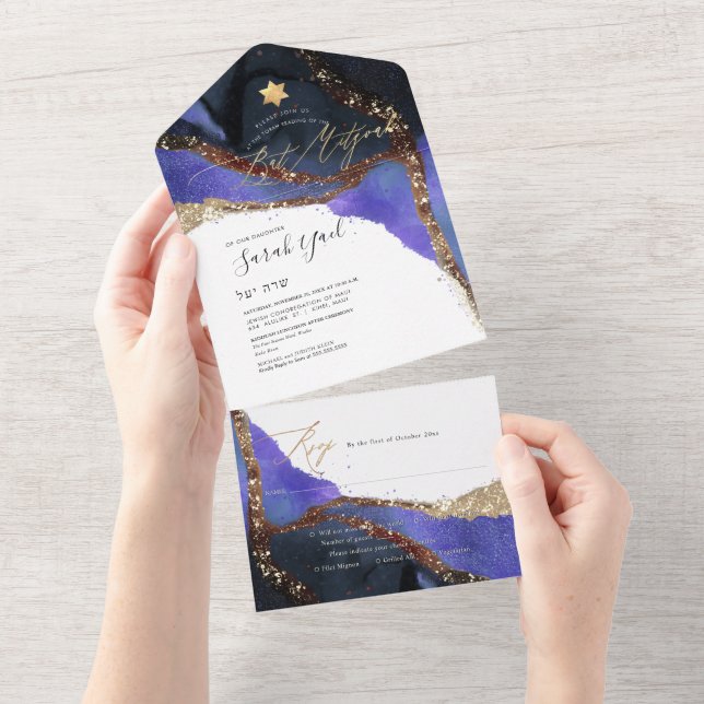Invitation Tout En Un PixDezines Bat mitzvah bleu violet cosmique (Déchirure)