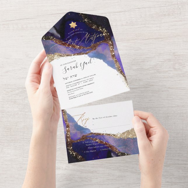 Invitation Tout En Un PixDezines Cosmic Indigo Bat mitzvah bleu (Déchirure)