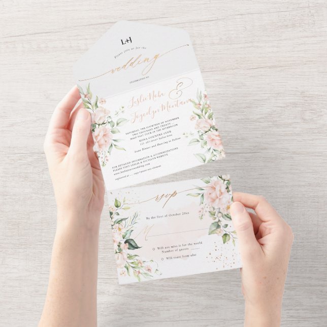 Invitation Tout En Un PixDezines Elegant Blush n Roses crème (Déchirure)