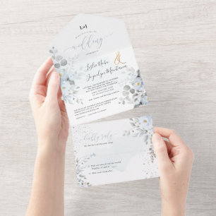 Invitation Tout En Un PixDezines Elégant Dusty Blue Roses