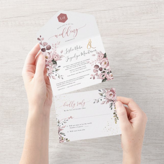 Invitation Tout En Un PixDezines Elégant Dusty Rose+Gum Eucalyptus (Déchirure)