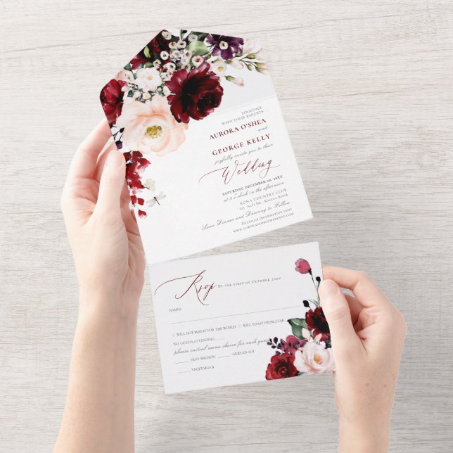 Invitation Tout En Un PixDezines Fleurs H2 Rouges Bourgogne (Déchirure)