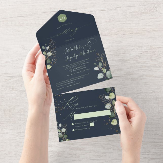 Invitation Tout En Un PixDezines Rustique H2 Green Gold Eucalyptus Navy (Déchirure)