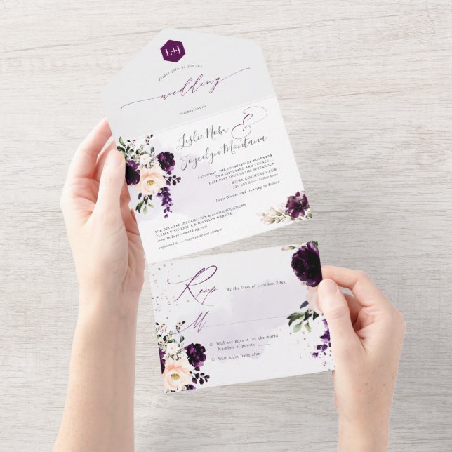 Invitation Tout En Un PixDezines Rustique violet foncé H2 Rose pivoines (Déchirure)
