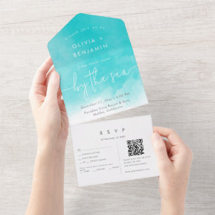 Invitation Tout En Un Plage côtière Destination QR Code RSVP Mariage