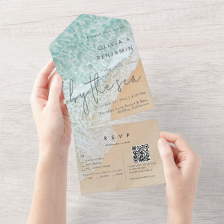 Invitation Tout En Un Plage côtière Destination QR Code RSVP Mariage