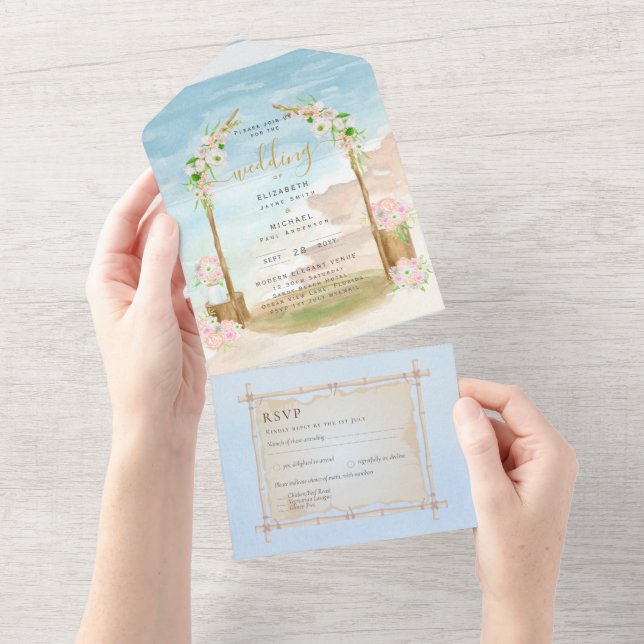 Invitation Tout En Un Plage Côtière Rustique Boho Wedding RSVP MENU All  (Déchirure)