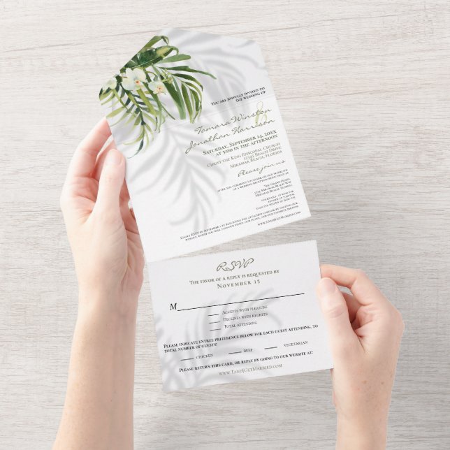 Invitation Tout En Un Plage Palmiers tropicaux Ombres RSVP Tri-fold (Déchirure)