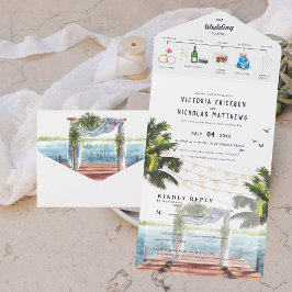 Invitation Tout En Un Plage tropicale de l'océan | Mariage illustré