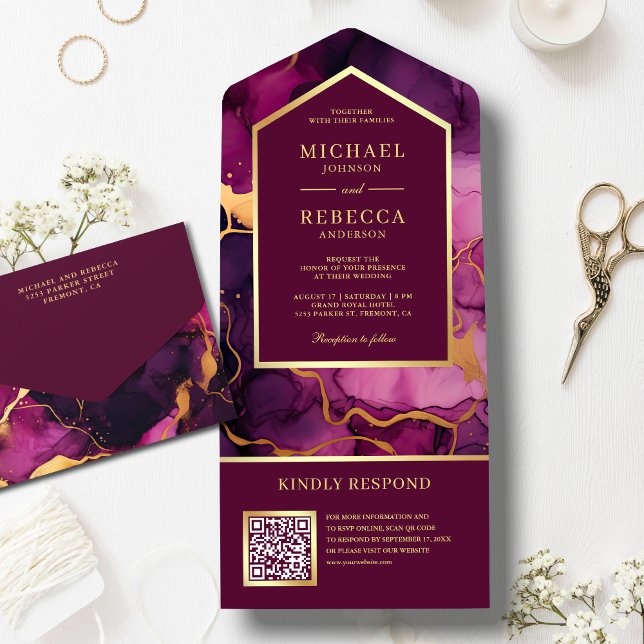 Invitation Tout En Un Plum Gold Abstrait Fluid Ink QR Code Mariage (Créateur téléchargé)