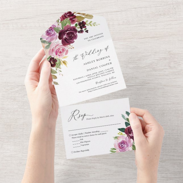 Invitation Tout En Un Plum Lavande Purple Blush FlorMariage (Déchirure)
