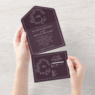 Invitation Tout En Un Plum Violet Cimier Feuillus Mariage Monogramme Tou