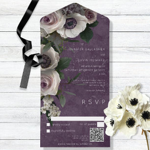 Invitation Tout En Un Plum violet élégant Floral moderne QR Code