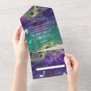 Invitation Tout En Un Plume de paon Mariage Pierres précieuses Plumes Bo