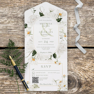 Invitation Tout En Un Poireaux rustiques et Fleurs blanches Code QR