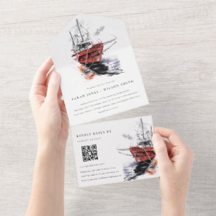Invitation Tout En Un Port Yacht Voilier Aquarelle Mariage QR Code