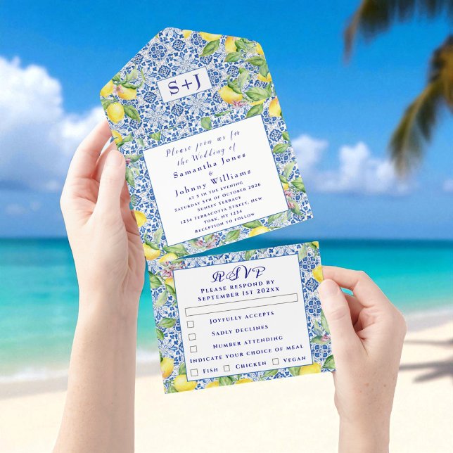 Invitation Tout En Un Portugais Carreaux Lemons Initiales rustiques Mari (Créateur téléchargé)