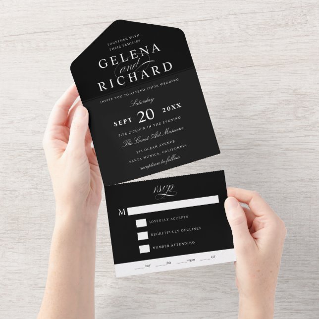 Invitation Tout En Un Prénoms Elégant noir et blanc Mariage officiel (Déchirure)