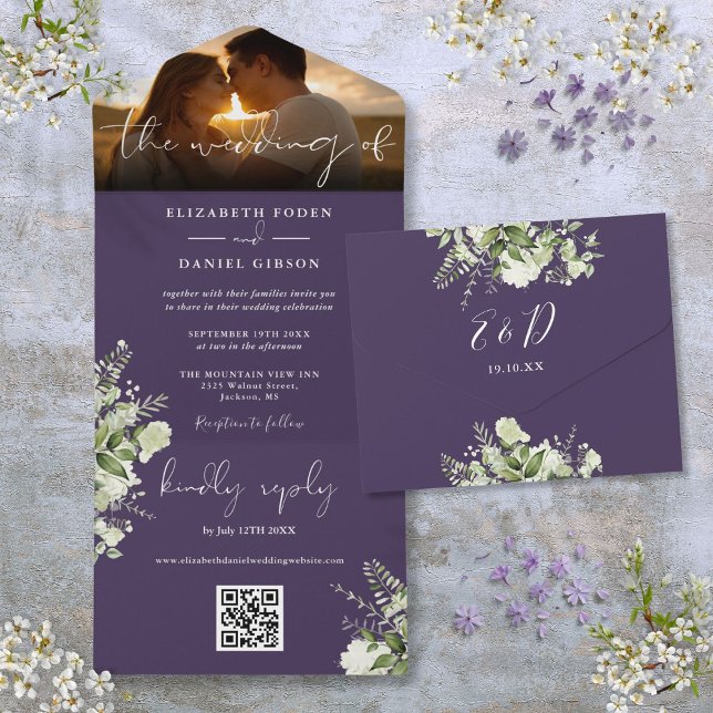 Invitation Tout En Un Purple Floral Greenery QR Code Mariage Photo (Purple Floral Greenery QR Code Wedding Photo All In One Invitation)